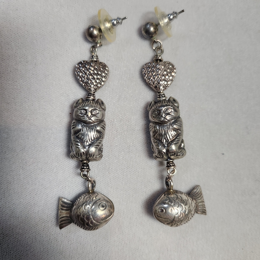 Whimsical Silver Cat and Fish Earrings